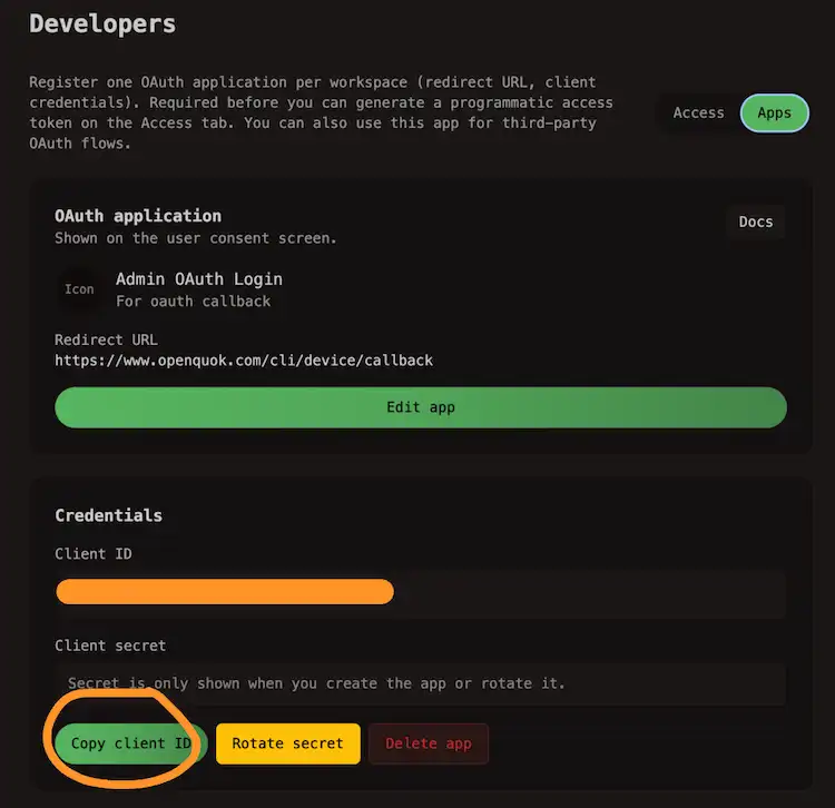 Copy secret in RedPanda Developer OAuth App